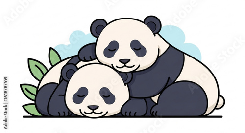 Cute panda bears cuddling vector illustration for panda lovers and animal themed designs with bamboo leaves