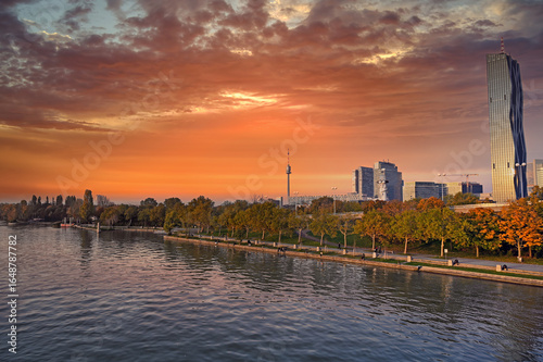Photography Vienna and blue Donau river,sunset, autumn season, Austria