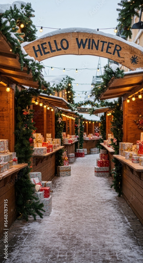 Fototapeta premium Christmas market stalls decorated with lights and presents in winter. Hello winter sign on wooden arch. Holiday fair.