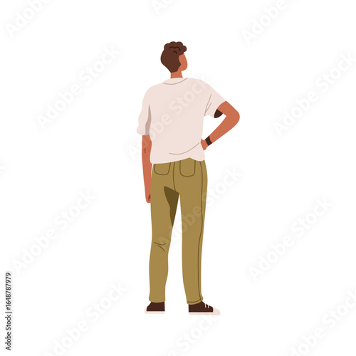 Man standing and looking, back view from behind. Male with hand on hip, turned pose, watching, observing. Spectator character facing away. Flat vector illustration isolated on white background