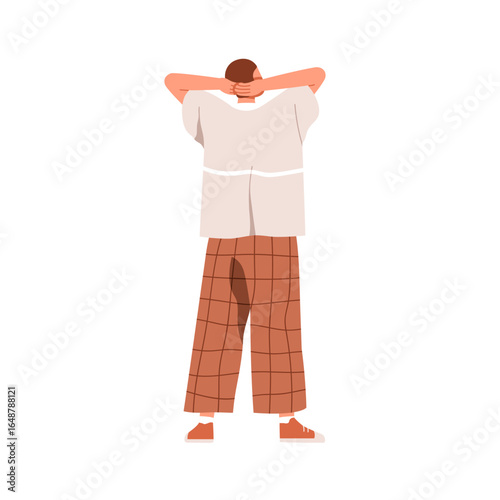 Man standing, back view. Person, male spectator character with hands clasped ...