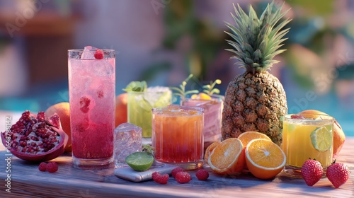 fresh drinks and fruit on the table
