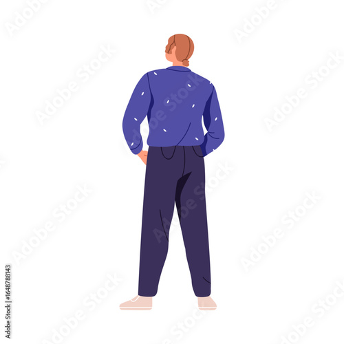 Man from behind, back side, rear view, standing with head turned, looking and...