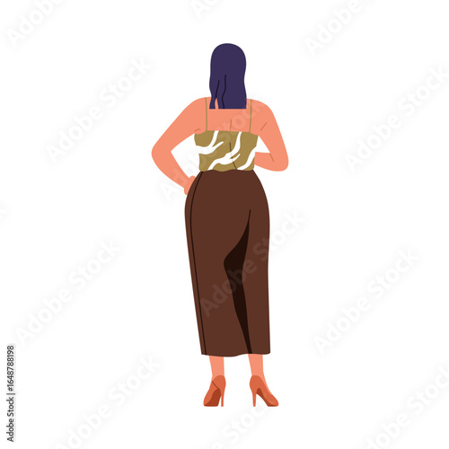Woman from behind. Female standing turned, back rear view, facing away pose. ...