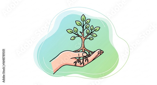 Illustration of hand holding a tree sapling concept for growth and environmental conservation design
