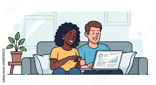 Couple analyzing financial charts on laptop at home for investment and business growth strategy analysis
