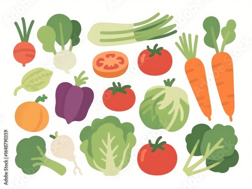 Illustration of Various Fresh Vegetables Including Carrots, Tomatoes, and Leafy Greens