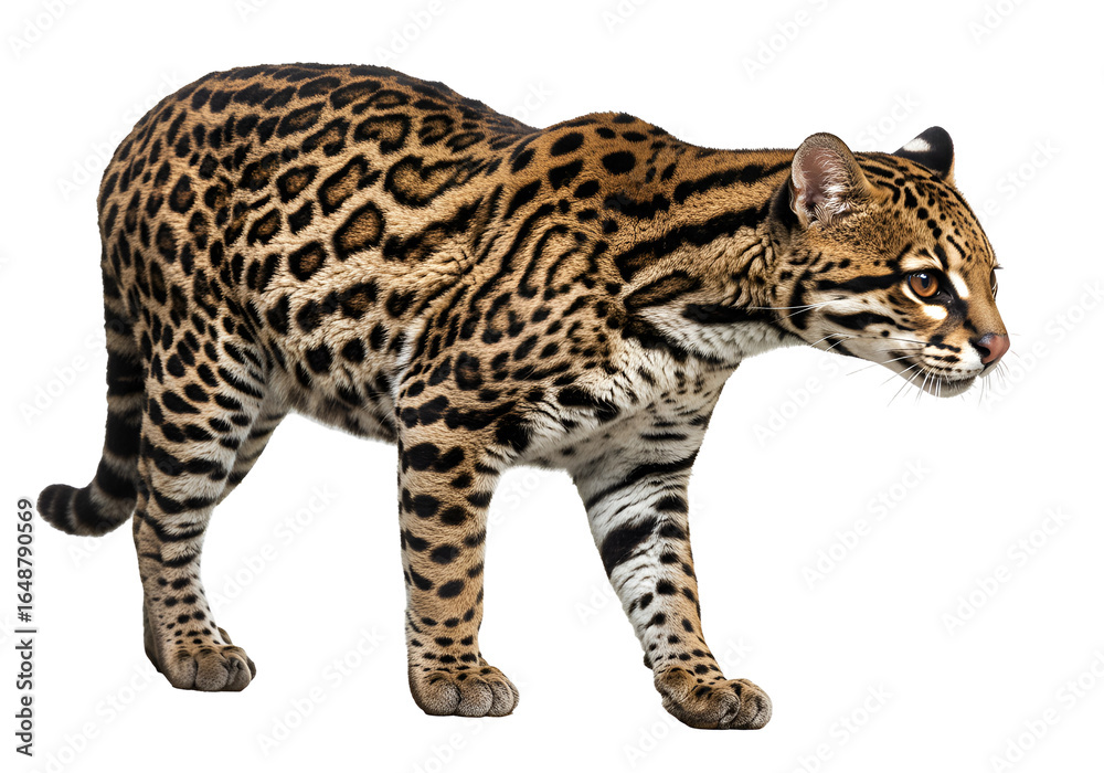 Obraz premium Striking image of a wild jaguar walking on a black background showcasing detailed fur pattern and