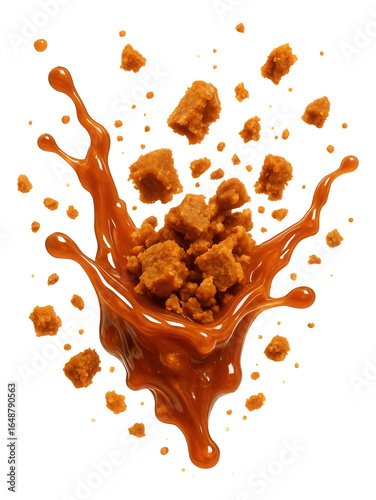 Caramelized biscuit crumb caught in motion, with a glossy finish.
