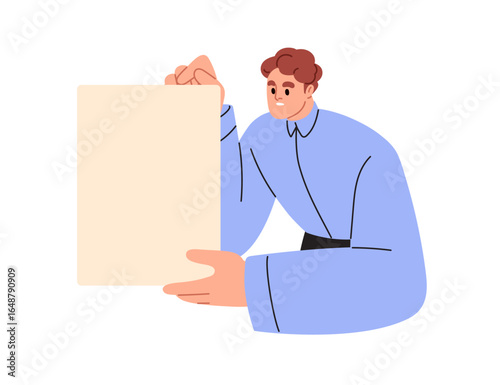 Office worker holding blank paper sheet. Male employee presenting abstract empty document, business information, official message, announcement. Flat vector illustration isolated on white background