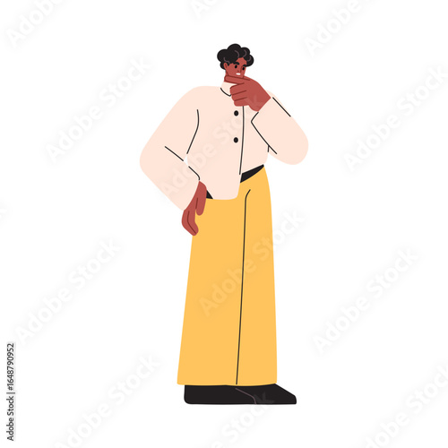 Puzzled confused unsure man thinking. Pensive thoughtful troubled person with hand on chin, doubting, wondering, questioning in anxiety. Flat vector illustration isolated on white background