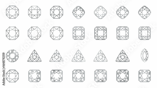 A collection of twenty four geometric shapes including squares triangles and octagons in silver tone