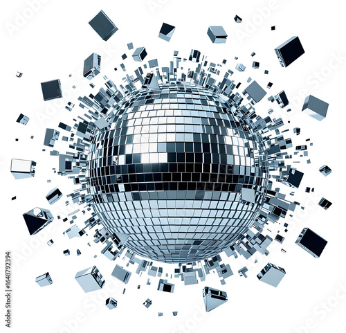 Silver glass disco mirror ball exploding into shard pieces, isolated