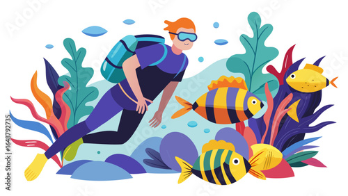 A scuba diver explores the ocean surrounded by colorful fish and seaweed in an underwater adventure scene