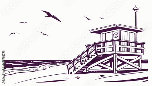 Illustration of a lifeguard tower on a beach with birds flying overhead on a sunny day at the ocean