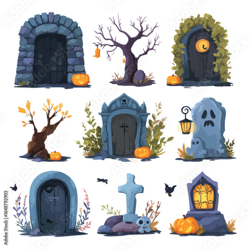 Halloween Crypt Door isolated in White background, silhouette Set, Halloween theme, Vector illustration