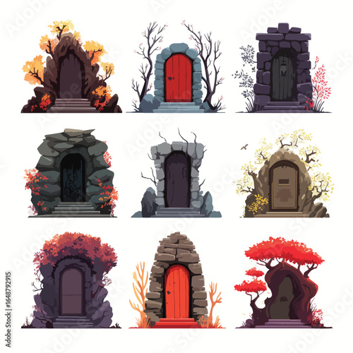 Halloween Crypt Door isolated in White background, silhouette Set, Halloween theme, Vector illustration
