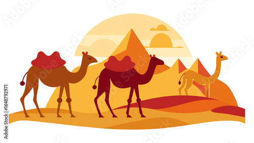 Illustration of three camels walking in the desert with pyramids and sun in the background scene