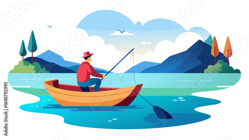 A man fishing in a boat on a lake with mountains and trees in the background under a cloudy sky day scene