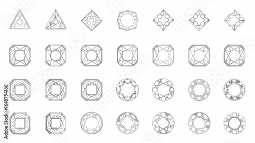 Representation of various geometric shapes with internal structures in a three row by seven column array