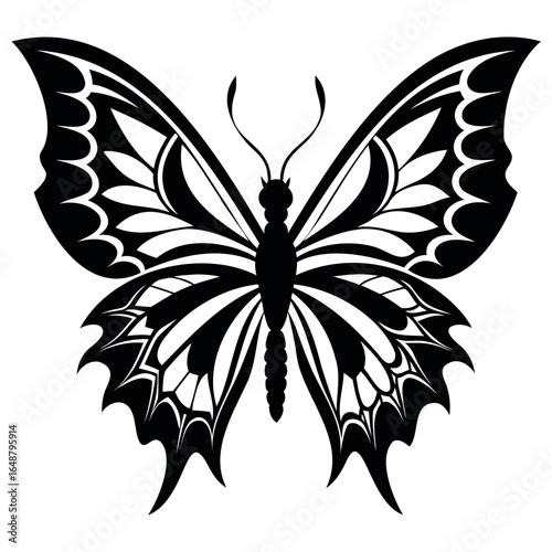 A vector illustration of a black and white butterfly tattoo design with floral elements, perfect for a decorative art pattern