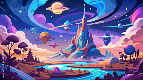 From a low angle view, an enchanted celestial landscape unfolds, filled with surreal and vivid dreamworld scenery where radiant stars shimmer above luminous mountains bathed in a mystical glow.
