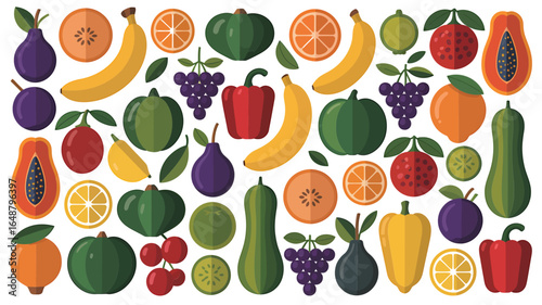 Vibrant assortment of fresh fruits and vegetables in a colorful pattern