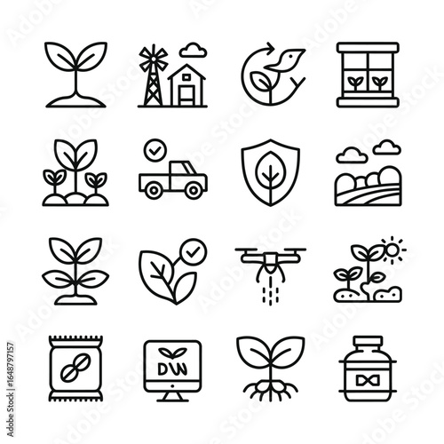 Set of agricultural icons representing modern farming and growth