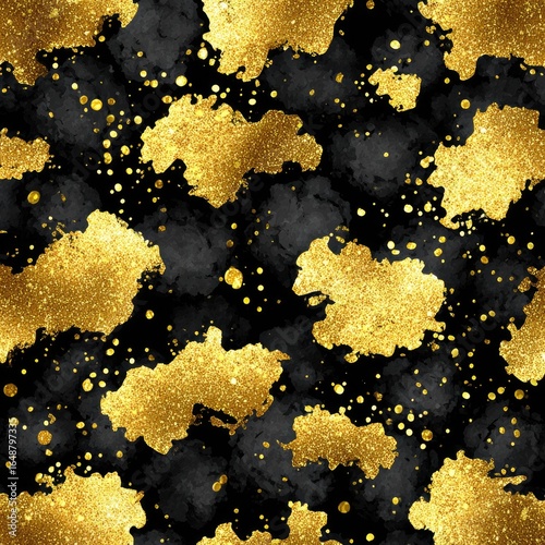 Abstract gold glitter splatter pattern on a black background