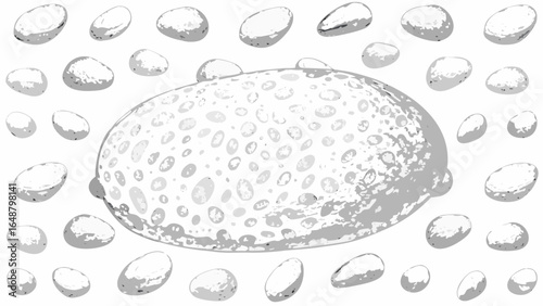Illustration of a large porous oval shape surrounded by smaller oval shapes in grayscale tones