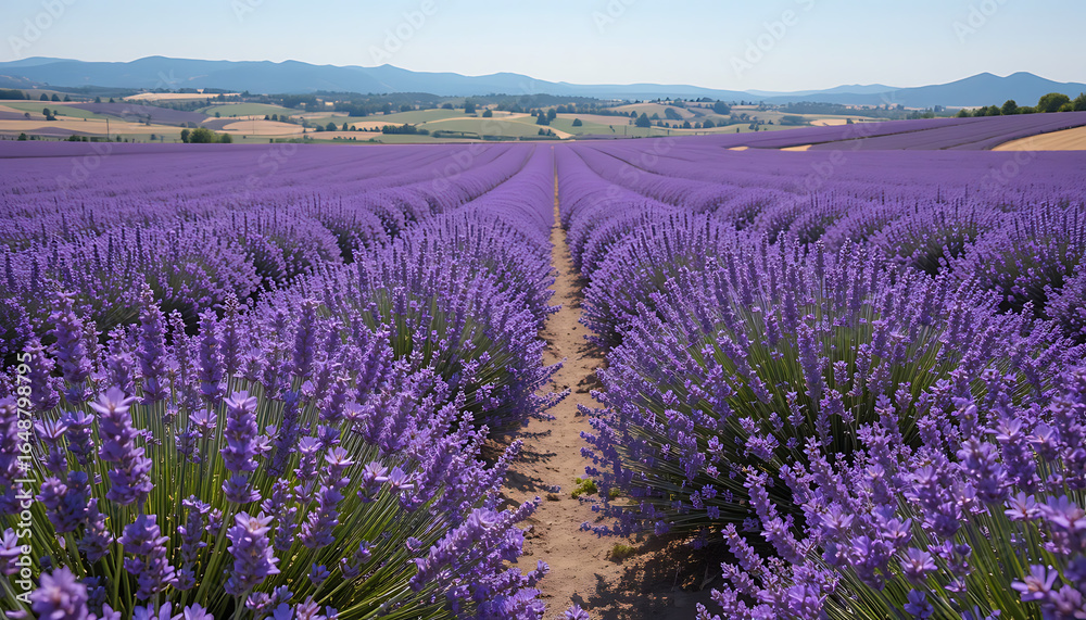 Obraz premium Vast rolling fields of vibrant purple lavender stretch towards distant hills under a clear blue sky a serene natural landscape