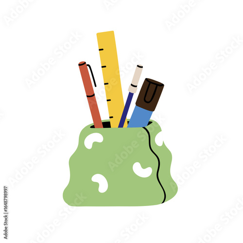 Pen holder with pencils, ruler, marker, stationery supplies and writing tools in office cup. School accessory for desk organization, storage. Flat vector illustration isolated on white background