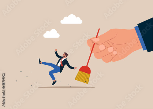 Hand sweeping worker being swept by a broom. Downsizing employee reduction. Losing job, unemployment, finance crisis. Flat vector illustration