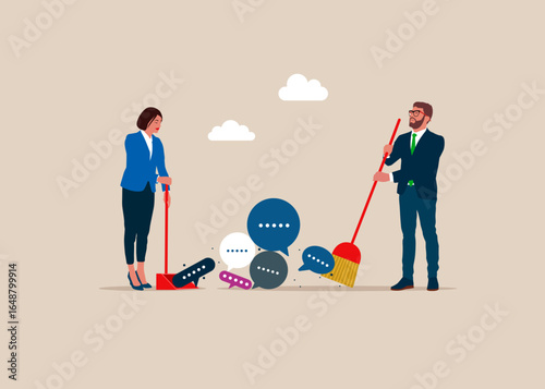 Business people gets rid of bad speech bubbles. Two people sweep the messages into a scoop. Discussion, conversation, meeting, team communication. Flat vector illustration