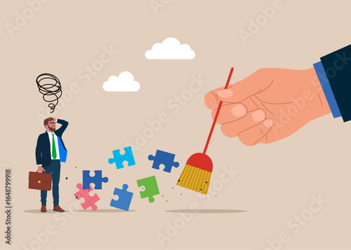 Removed  jigsaw puzzles. Hand sweeping puzzles being. Fake cooperation or project. Dealing with error. Flat vector illustration