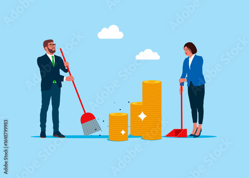 Business people sweeping up piles of coins. Profitable business. Flat vector illustration