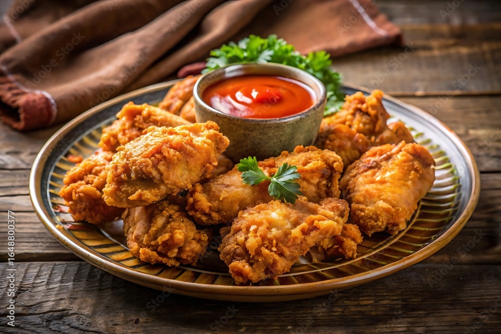 Crispy Fried Chicken Wings with Spicy Dipping Sauce on Rustic Wooden Table Crispy Fried Chicken Wings with Spicy Dipping Sauce on Rustic Wooden Table
