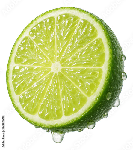 A lime slice airborne with misty droplets and visible pulp.