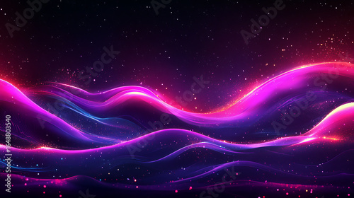 Abstract digital waves of vibrant pink and blue light, flowing across a dark background