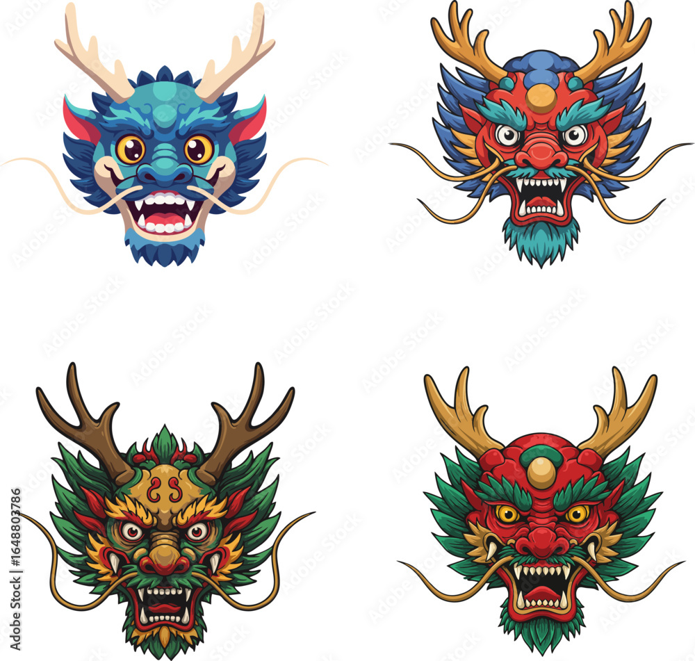 Fototapeta premium Colorful Vector Dragon Head Collection Mythical Creatures and Asian Culture Inspired Designs