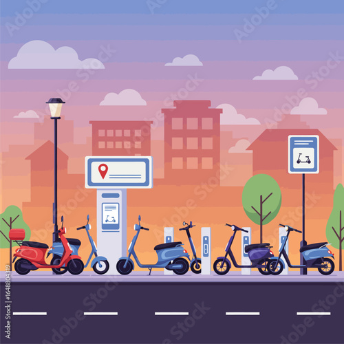 Sustainable urban mobility concept with a row of electric scooters at a public charging station in a modern city at dusk.