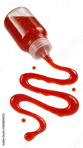 Sweet chili sauce being squeezed from a clear plastic bottle, forming a shiny, red drizzle.