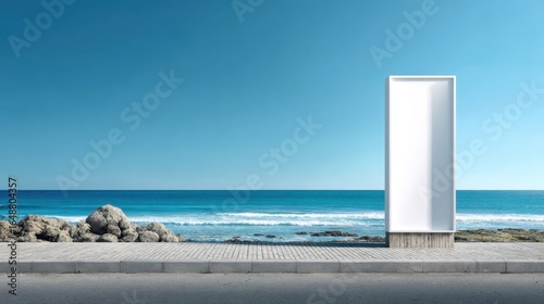 A minimalist beach scene featuring a tall white structure against a backdrop of the ocean and sky, evoking a sense of tranquility and simplicity.