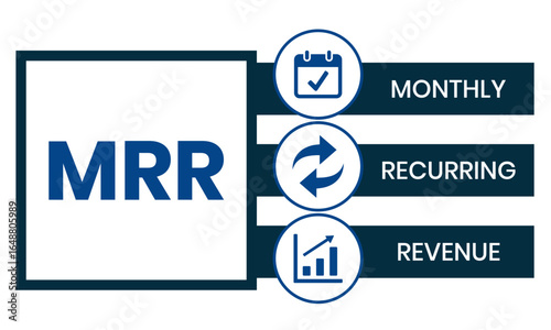 MRR - Monthly Recurring Revenue acronym, business concept. word lettering typography design illustration with line icons and ornaments. Internet web site promotion concept vector layout.