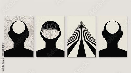 Abstract Artwork Featuring Heads with Empty Space Representing Thought and Concept Exploration Creativity Innovation and the Human Mind in a Minimalist Black and Beige Color Palette