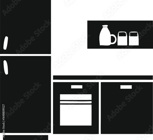 Stainless steel domestic kitchen appliances and furniture set with electric stove and microwave icons