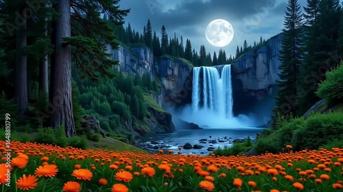 Moonlit Waterfall and Wildflower Landscape.