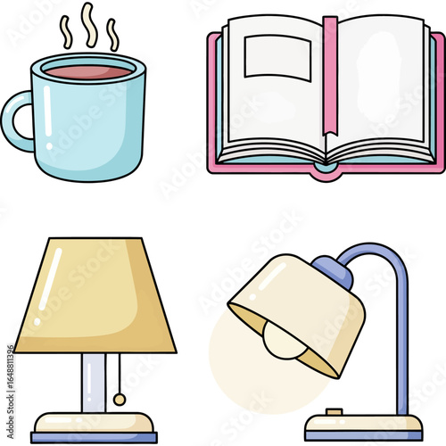 Cozy reading and study essentials icon set with open book, hot drink mug, and table lamps. Vector illustration for hygge lifestyle.