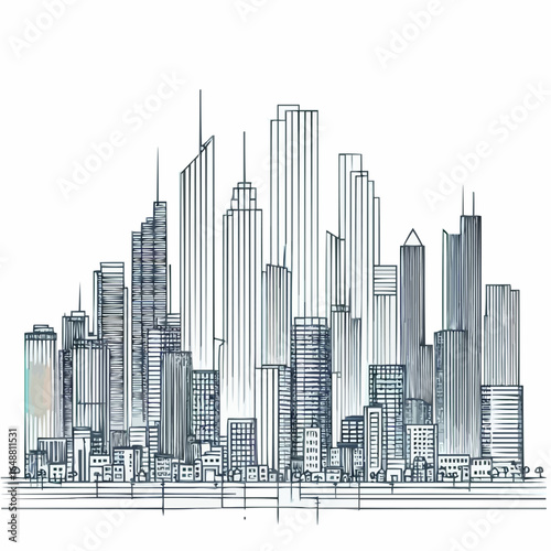 City skyline illustration with skyscrapers and buildings in a minimalistic design
