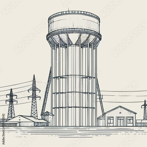 Water tower illustration with surrounding power lines and buildings in a minimalistic style
